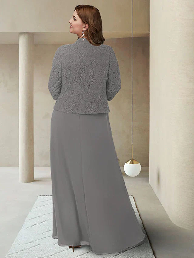 Wholesale Two Piece Sheath / Column Mother of the Bride Dress Plus Size Elegant Jewel Neck Ankle Length Chiffon Lace 3/4 Length Sleeve Wrap Included with Appliques